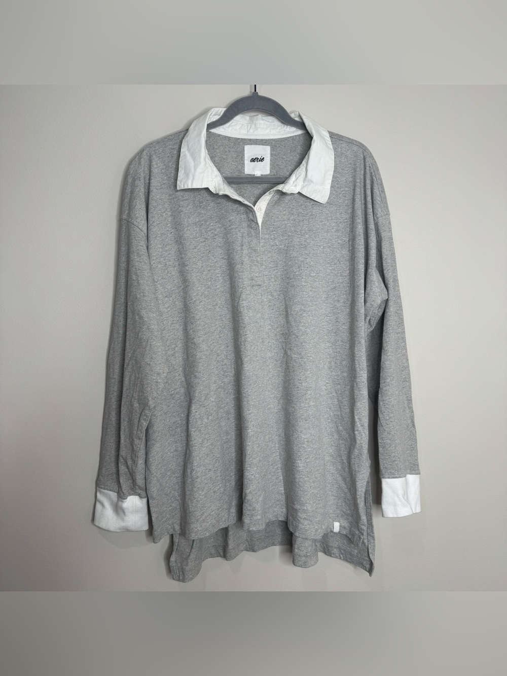 Aerie Gray White Rugby Polo Shirt tunic Longline Loungewear Cotton Size Large